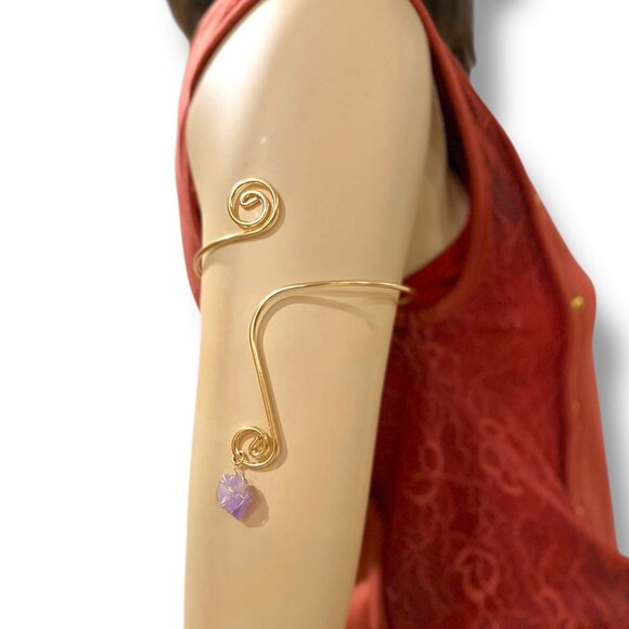 Gold Wire Wrap Upper Arm Cuff Purple Amethyst Stone Bracelet NEW - Picture 3 of 3